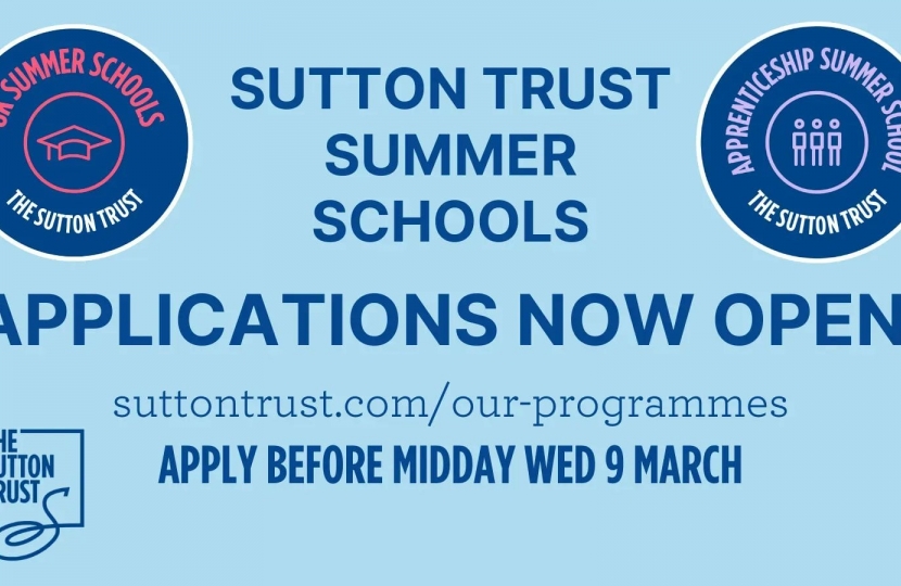 Laura Trott MP encourages local children to apply to Sutton Trust's